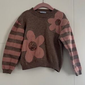 Mayoral Pink and Brown Striped Floral Sweater